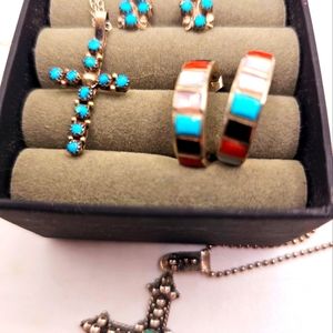 Vintage Turquoise sterling silver lot-Two crosses w necklaces & two sets earring